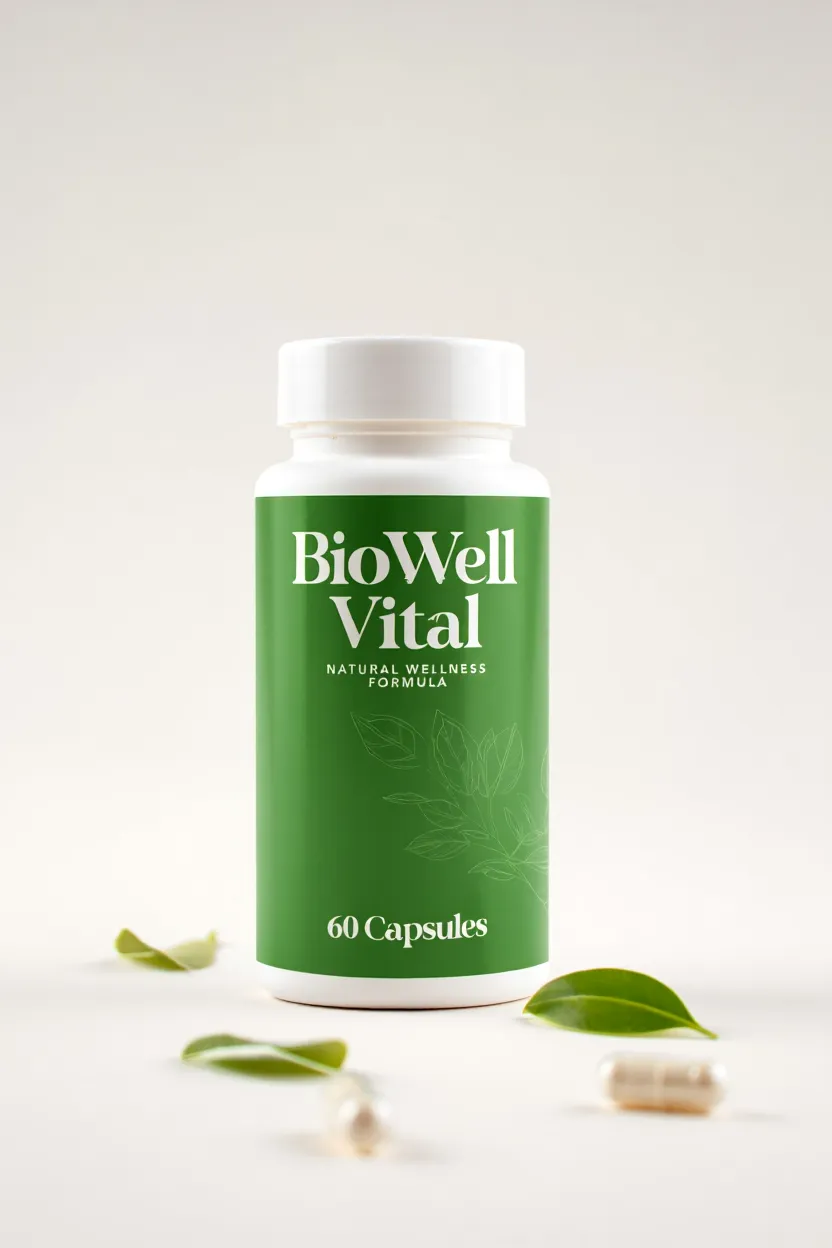BioWell Vital supplement bottle with green label showing natural wellness formula